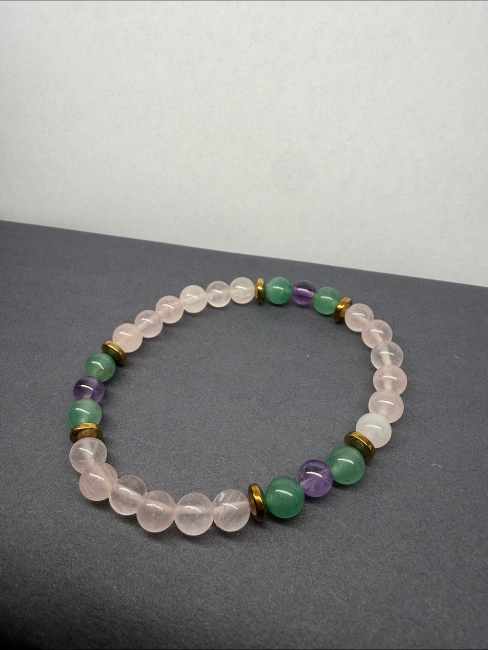 Rose Quartz, Green and Amethyst Beaded Stretch Bracelet with Gold Accents